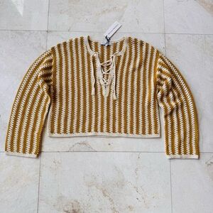 White & Warren Cotton Crochet Yellow and White Striped Sweater size S